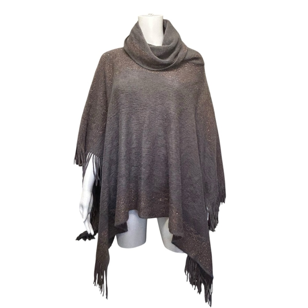 Arianna Gray Metallic Funnel Neck Fringed Poncho Knit Cape Size OS